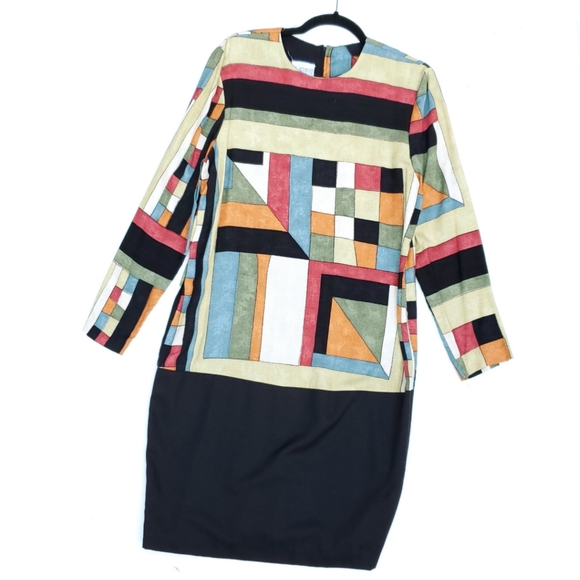 Vintage Dresses & Skirts - Vintage Geometric Long Sleeve Shift Dress